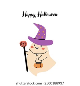 Childrens Halloween Holiday greeting card or invitation. Square template. Happy Halloween celebration design with cute ghost in suit. Trick or treat party template.