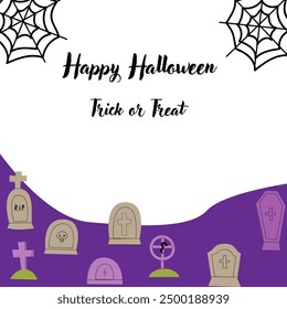 Childrens Halloween Holiday greeting card or invitation. Square template. Happy Halloween celebration design with grave and spiderweb. Trick or treat party template.