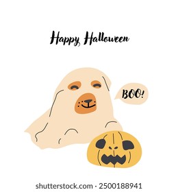 Childrens Halloween Holiday greeting card or invitation. Square template. Happy Halloween celebration design with cute dog in ghost suit. Trick or treat party template.