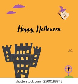 Childrens Halloween Holiday greeting card or invitation. Square template. Happy Halloween celebration design with cute ghost and grave, castle. Trick or treat party template.