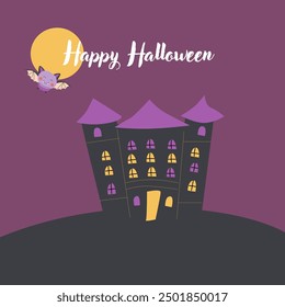 Childrens Halloween Holiday greeting card or invitation. Square template. Happy Halloween celebration design with cute character - bat. Trick or treat party template.