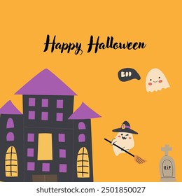 Childrens Halloween Holiday greeting card or invitation. Square template. Happy Halloween celebration design with cute character - ghost in pirate costume. Trick or treat party template.