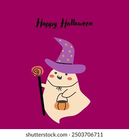 Childrens Halloween Holiday greeting card or invitation. Square template. Happy Halloween celebration design with cute ghost in suit. Trick or treat party template.