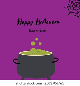 Childrens Halloween Holiday greeting card or invitation. Square template. Happy Halloween celebration design with pot. Trick or treat party template.