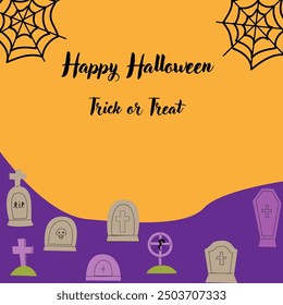 Childrens Halloween Holiday greeting card or invitation. Square template. Happy Halloween celebration design with grave and spiderweb. Trick or treat party template.