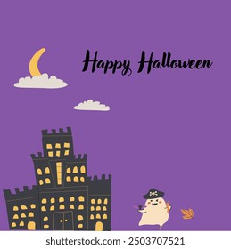 Childrens Halloween Holiday greeting card or invitation. Square template. Happy Halloween celebration design with cute character - ghost. Trick or treat party template.