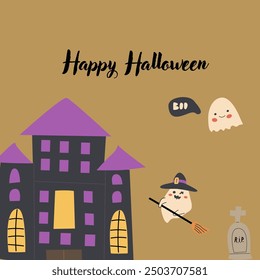 Childrens Halloween Holiday greeting card or invitation. Square template. Happy Halloween celebration design with cute character - ghost. Trick or treat party template.