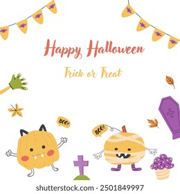 Childrens Halloween party cute card template. Cartoon characters pumkins in halloween holiday costume and spooky sweets. Cute monsters for autumn fall holidays party.