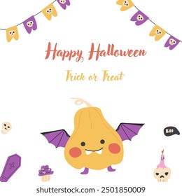 Childrens Halloween party cute card template. Cartoon characters pumkins in halloween holiday costume and spooky sweets. Cute monsters for autumn fall holidays party.