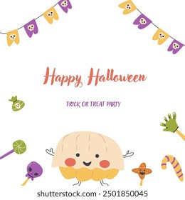 Childrens Halloween party cute card template. Cartoon characters pumkins in halloween holiday costume and spooky sweets. Cute monsters for autumn fall holidays party.