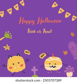 Childrens Halloween party cute card template. Cartoon characters pumkins in halloween holiday costume and spooky sweets. Cute monsters for autumn fall holidays party.