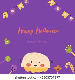 Childrens Halloween party cute card template. Cartoon characters pumkins in halloween holiday costume and spooky sweets. Cute monsters for autumn fall holidays party.