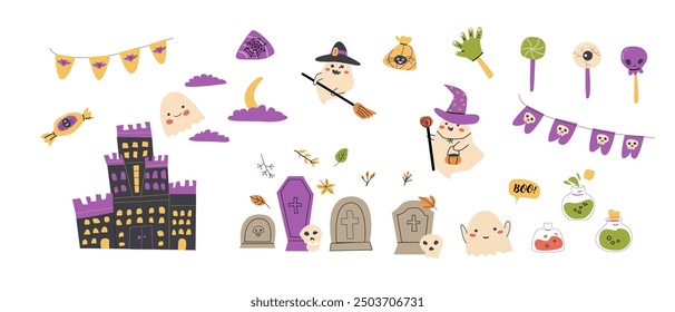 Childrens Halloween party elements set. Collection of cute ghosts, graves, autumn leaves, poisons. Kids spooky party decoration festive elements with Halloween characters.