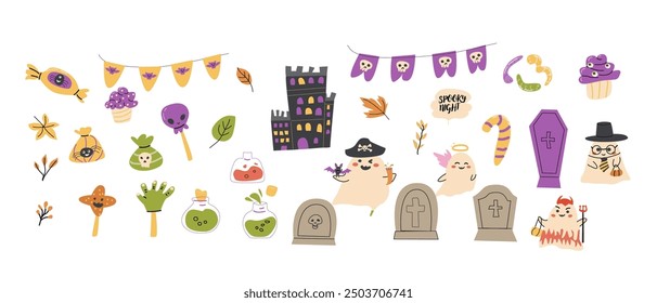 Childrens Halloween party elements set. Collection of cute ghosts in costumes, graves, autumn leaves, poisons. Kids spooky party decoration festive elements with Halloween characters.