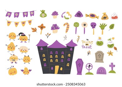 Conjunto de elementos de festa de Halloween para crianças. Coleção de bombons bonitos, túmulos, doces, venenos. Crianças assustadoras festa decoração elementos festivos com personagens de Halloween.