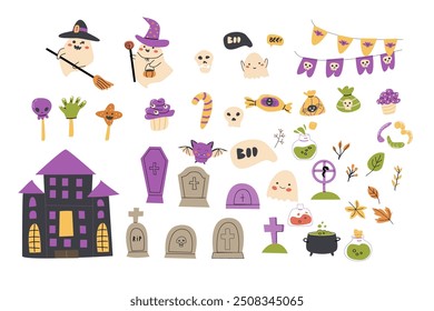 Childrens Halloween party elements set. Collection of cute ghosts in witch costumes, graves, autumn leaves, poisons. Kids spooky party decoration festive clip arts with Halloween characters.