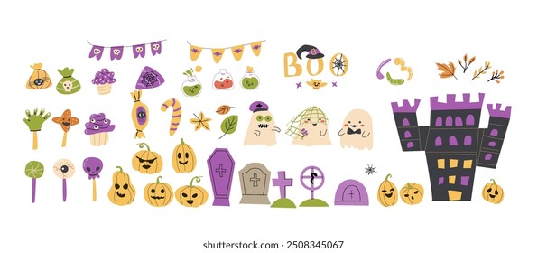 Conjunto de elementos de festa de Halloween para crianças. Coleção de fantasmas bonitos, bombons, doces, túmulos. Crianças assustadoras festa decoração elementos festivos com personagens de Halloween.