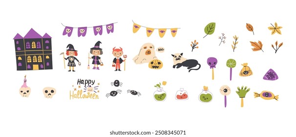 Childrens Halloween party elements set. Collection of cute kids, pets in costumes, poisons. Kids spooky party decoration festive elements with Halloween characters.