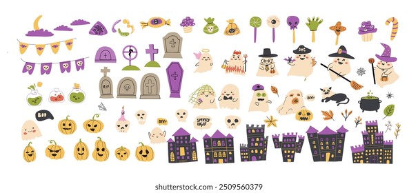 Conjunto de elementos de festa de Halloween para crianças. Coleção de fantasmas bonitos, túmulos, folhas de outono, venenos. Crianças assustadoras festa decoração elementos festivos com personagens de Halloween.