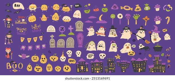 Conjunto de elementos de festa de Halloween para crianças. Coleção de fantasmas bonitos, bombons, túmulos, folhas de outono, venenos, castelo. Crianças assustadoras festa decoração elementos festivos com personagens de Halloween.