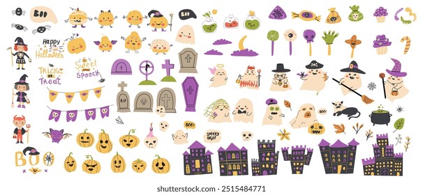 Conjunto de elementos de festa de Halloween para crianças. Coleção de fantasmas bonitos, bombons, túmulos, folhas de outono, venenos, castelo. Crianças assustadoras festa decoração elementos festivos com personagens de Halloween.