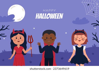 Kinderfeier Halloween. Vektorhintergrund. Handgezeichnete flache Illustration.