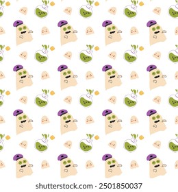 Childrens halloween pattern with cute character. , Ghost in halloween costume, skull and magic pot. Cute childish seamless pattern.