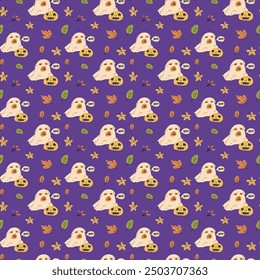 Childrens halloween pattern with cute character. , Ghost in halloween costume, skull and magic pot. Cute childish seamless pattern.