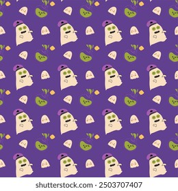 Childrens halloween pattern with cute character. , Ghost in halloween costume, skull and magic pot. Cute childish seamless pattern.