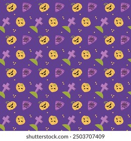 Childrens halloween pattern with cute character. , Ghost in halloween costume, skull and magic pot. Cute childish seamless pattern.