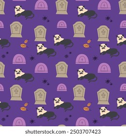 Childrens halloween pattern with cute character. , Ghost in halloween costume, skull and magic pot. Cute childish seamless pattern.