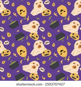 Childrens halloween pattern with cute character. , Ghost in halloween costume, skull and magic pot. Cute childish seamless pattern.