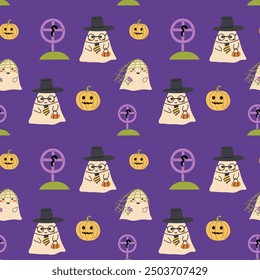 Childrens halloween pattern with cute character. , Ghost in halloween costume, skull and magic pot. Cute childish seamless pattern.