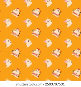 Childrens halloween pattern with cute character. , Ghost in halloween costume, skull and magic pot. Cute childish seamless pattern.