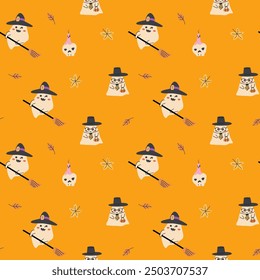 Childrens halloween pattern with cute character. , Ghost in halloween costume, skull and magic pot. Cute childish seamless pattern.