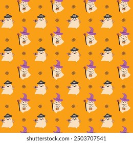 Childrens halloween pattern with cute character. , Ghost in halloween costume, skull and magic pot. Cute childish seamless pattern.