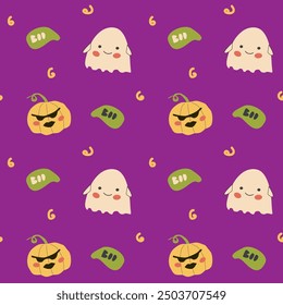 Childrens halloween pattern with cute character, Ghost in halloween costume, skull and magic pot. Cute childish seamless pattern.