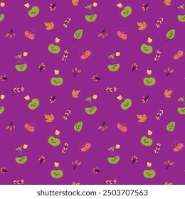 Childrens halloween pattern with cute character. , Ghost in halloween costume, skull and magic pot. Cute childish seamless pattern.