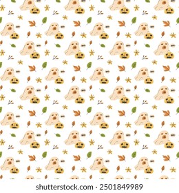 Childrens halloween pattern with cute characters. Pumkins, pet animals in halloween costumes. Cute fall childish seamless pattern.