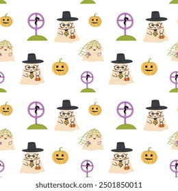 Childrens halloween pattern with cute characters. Pumkins and ghosts in halloween costumes. Cute childish seamless pattern.
