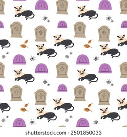 Childrens halloween pattern with cute characters. Grave and black cat in halloween costume. Cute childish seamless pattern.