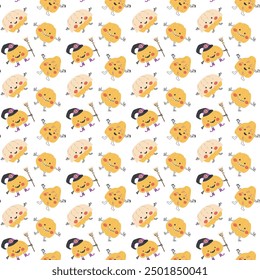 Childrens halloween pattern with cute characters. Pumkins in halloween costumes. Cute childish seamless pattern.