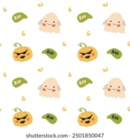 Childrens halloween pattern with cute characters. Pumkins and ghosts, boo. Cute childish seamless pattern.