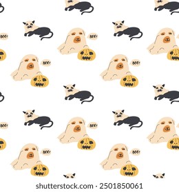 Childrens halloween pattern with cute characters. Pumkins, pet animals in halloween costumes. Cute childish seamless pattern.