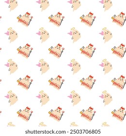 Childrens halloween pattern with cute characters. Pumkins or ghosts, pet animals in halloween costumes. Cute childish seamless pattern.