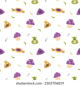 Childrens halloween pattern with cute characters. Pumkins or ghosts, pet animals in halloween costumes. Cute childish seamless pattern.