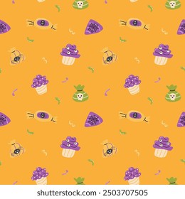 Childrens halloween pattern with cute characters. Pumkins or ghosts, pet animals in halloween costumes. Cute childish seamless pattern.