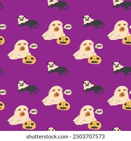 Childrens halloween pattern with cute characters. Pumkins and pet- dog in halloween costume. Cute childish seamless pattern.