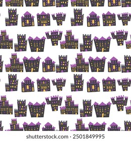 Childrens halloween pattern with cute spooky castles. Seamless endless fairy background.