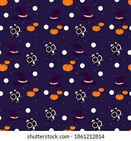 Childrens Halloween seamless pattern. Cute cartoon black cats, pumpkins, hat on a dark background. Illustration.